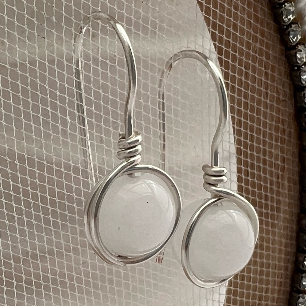 Artisan White Jade and Silver Wire Wrapped Earrings - Picture 4 of 11